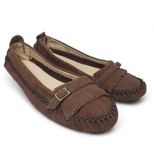 Peace Moccasins Emily Women’s Buckled and Studded Fringe Moccasin Loafer Shoes 8